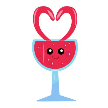 Çizgi film kırmızı şarap kadehi karakteri siyah gözlü ve gülümseyen.