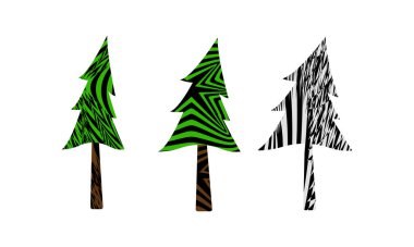 Beyaz arka planda izole edilmiş hipnotik desenli köknar ağaçlarının vektör çizimi 