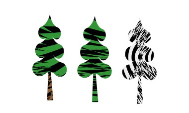 Beyaz arkaplanda izole edilmiş hipnotik desenli ağaçların vektör çizimi 