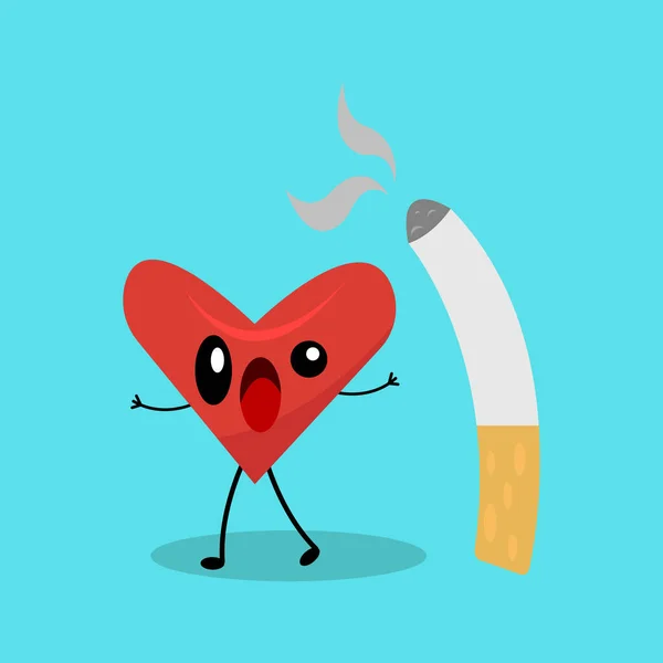 Cartoon Figur Des Verängstigten Herzens Durch Eine Zigarette Auf Blauem — Stockvektor