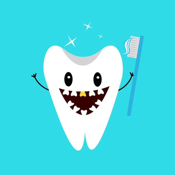 Postać Kreskówki Szczęśliwy Ząb Szczoteczką Zębów Ilustracja Wektor — Wektor stockowy