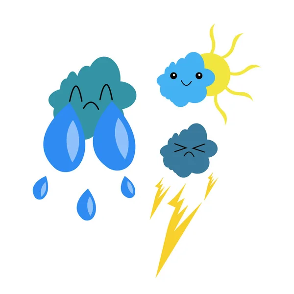 Conjunto Diferentes Personagens Desenhos Animados Nuvens Triste Nuvem Com Gotas — Vetor de Stock