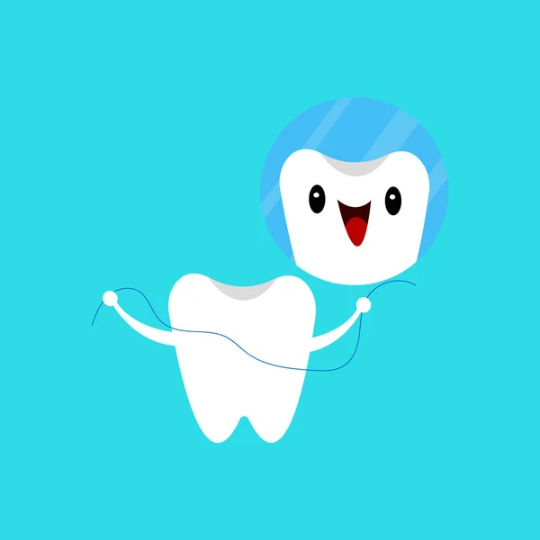 Personaje Dibujos Animados Del Diente Feliz Con Hilo Dental Ilustración — Vector de stock