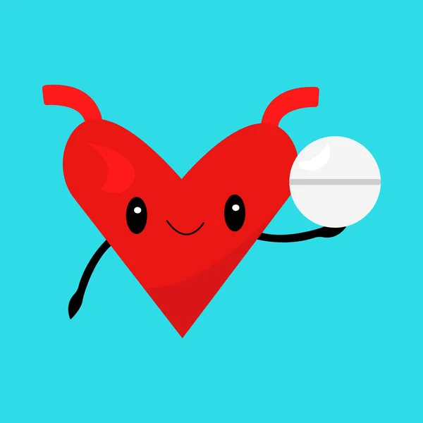 Cartoon Character Healthy Heart Holding White Pill Blue Background — Archivo Imágenes Vectoriales