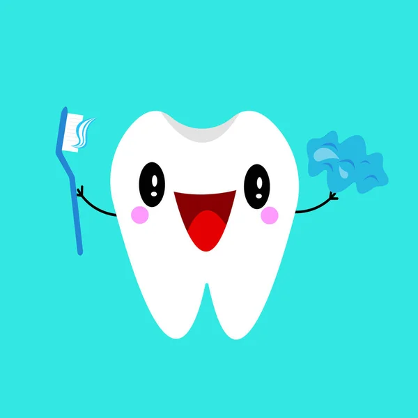 Мультяшний Характер Щасливого Зуба Зубною Щіткою Векторні Ілюстрації — стоковий вектор