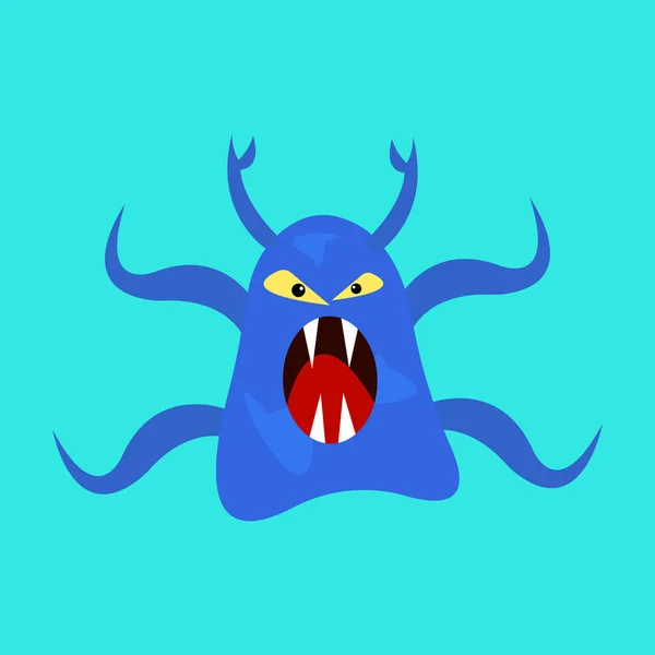 Niedliche Zeichentrickfigur Des Blauen Bakterienmonsters Mit Gelben Augen Und Vielen — Stockvektor