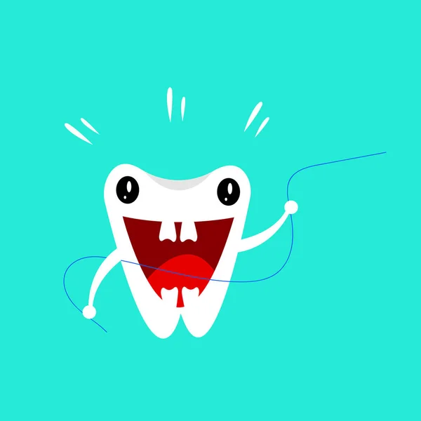 Postać Kreskówki Szczęśliwy Ząb Nicią Dentystyczną Ilustracja Wektor — Wektor stockowy