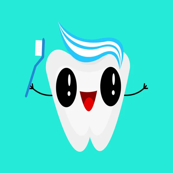 Kreslený Znak Šťastného Zubu Zubním Kartáčkem Vektorová Ilustrace — Stockový vektor