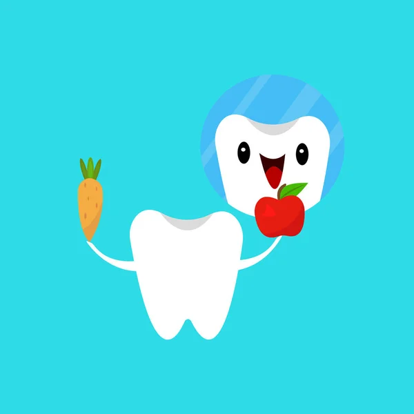 Cartoon Character Happy Tooth Mirror Apple Carrot Vector Illustration — Stock Vector