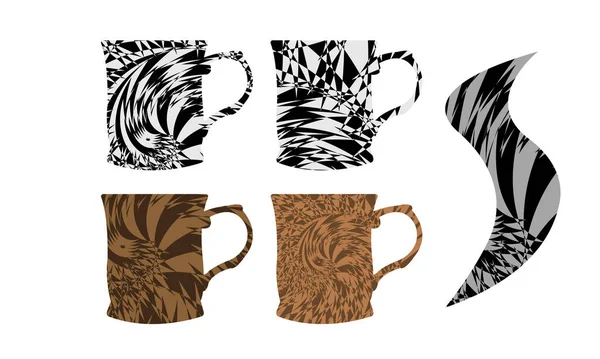 Ilustrace Šálků Kávy Abstraktními Žebrovanými Hypnotickými Vzory Stylu Pop Art — Stockový vektor