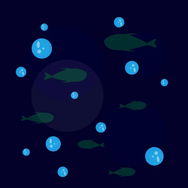 Illustration Underwater Dark Water Bubbles Silhouettes Fishes Floating Water — Wektor stockowy