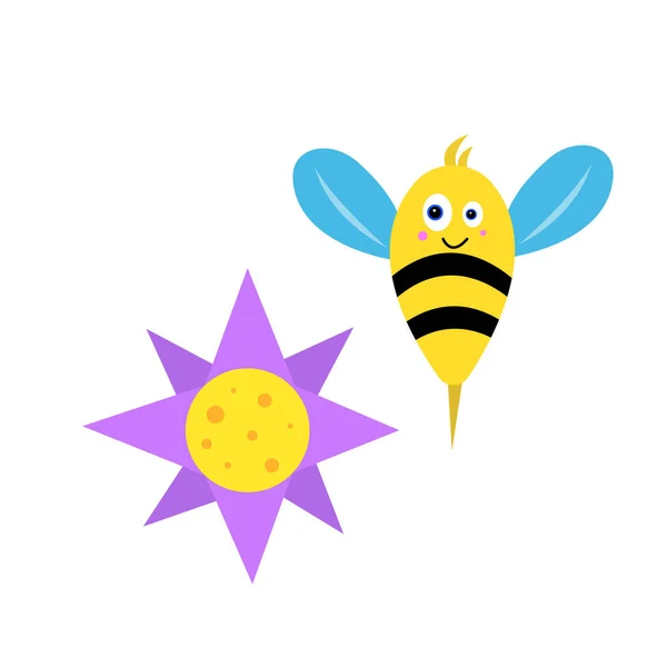 Ilustrace Včely Letící Poblíž Květu Bílém Pozadí — Stockový vektor