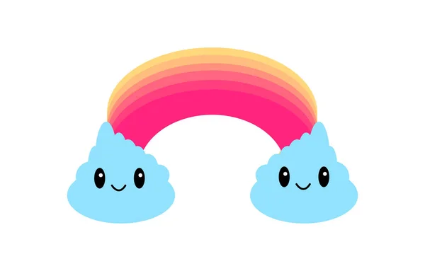 Ilustración Vectorial Nubes Personajes Dibujos Animados Con Arco Iris Sobre — Vector de stock