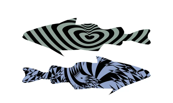 Illustration Poissons Aux Motifs Hypnotiques Côtelés Abstraits Dans Style Pop — Image vectorielle