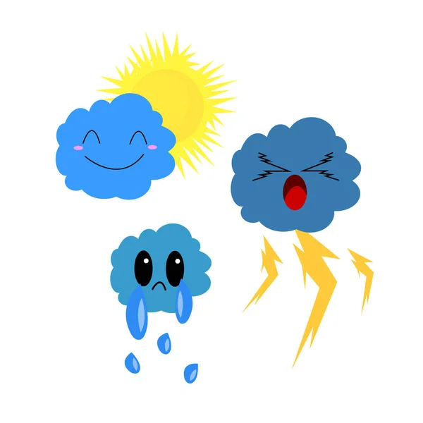 Verschiedene Zeichentrickfiguren Mit Wolken Die Traurige Wolke Mit Regentropfen Die — Stockvektor