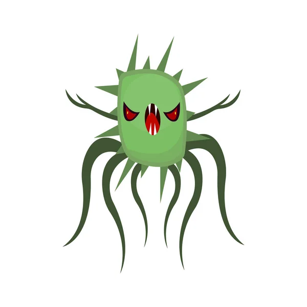 Zeichentrickfigur Eines Grünen Bakterienmonsters Mit Roten Augen Und Vielen Beinen — Stockvektor
