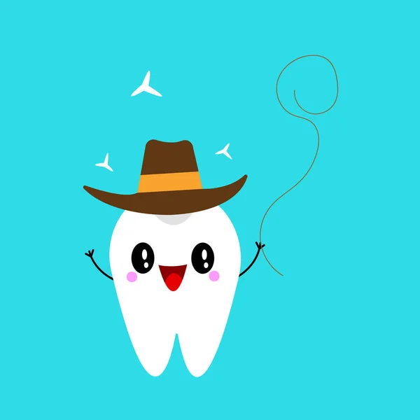 Personaje Dibujos Animados Del Diente Feliz Con Hilo Dental Ilustración — Vector de stock