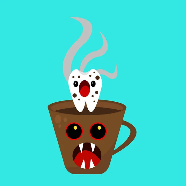 Zeichentrickfiguren Des Zahnes Mit Kaffeemonster Vektorillustration — Stockvektor