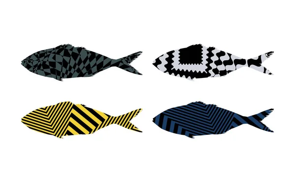 Illustration Poissons Aux Motifs Hypnotiques Côtelés Abstraits Dans Style Pop — Image vectorielle