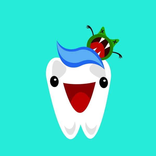 Zeichentrickfigur Des Glücklichen Gesunden Zahnes Mit Zahnpasta Und Grünem Monster — Stockvektor