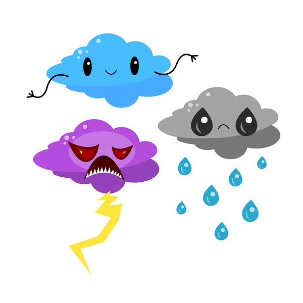 Conjunto Diferentes Personagens Desenhos Animados Nuvens Nuvem Triste Com Lágrimas — Vetor de Stock
