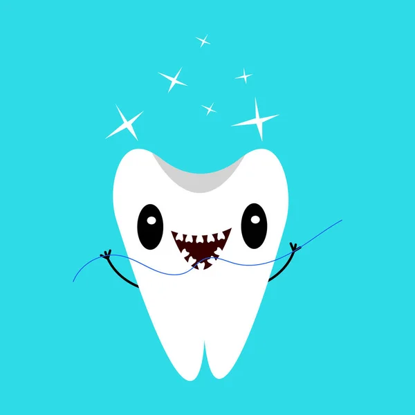 Kreslený Znak Veselého Zubu Zubní Nití Vektorová Ilustrace — Stockový vektor