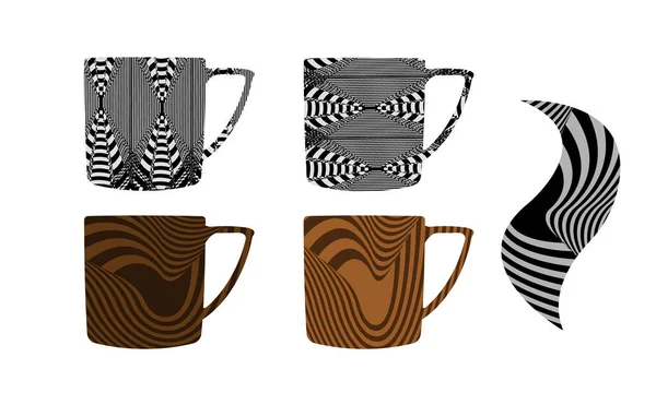 Illustration Tasses Café Avec Des Motifs Hypnotiques Côtelés Abstraits Dans — Image vectorielle