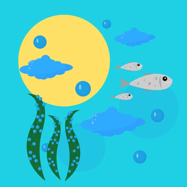 Cartoon Fantasy Undersea World Fishes Swimming Algae Big Sun Clouds — Vector de stock