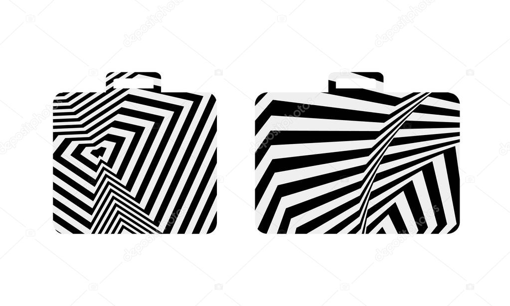 illustration of suitcases with abstract ribbed hypnotic patterns in the style of pop art