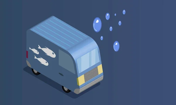 Illustration Eines Transporters Mit Weißen Fischen Seiner Fassade Unter Wasser — Stockvektor