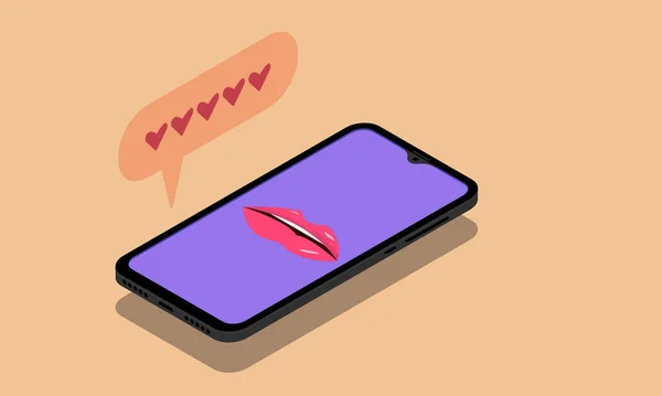 Ekranda kırmızı dudaklar ve mesajda kalpler olan bir akıllı telefonun çizimi 