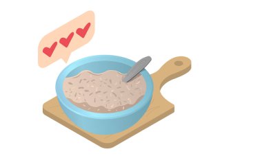 Tahta tahtada kaşık ve arka planda beğeniler olan yulaf ezmesi kasesinin çizimi