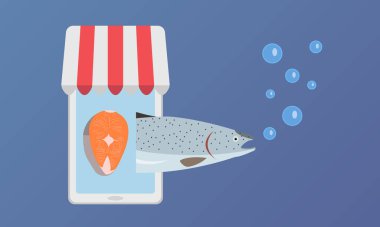 Su altında baloncuk çıkaran balıklar ve kırmızı-beyaz gölgelikli akıllı telefon ekranında fileto parçaları. 