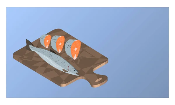 Illustration Poisson Cru Sur Une Planche Découper Avec Des Morceaux — Image vectorielle