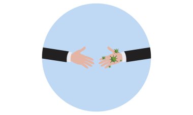 vector illustration of the viral bacteria icon, shaking hands, one of the hands with the virus, keeping distance concept