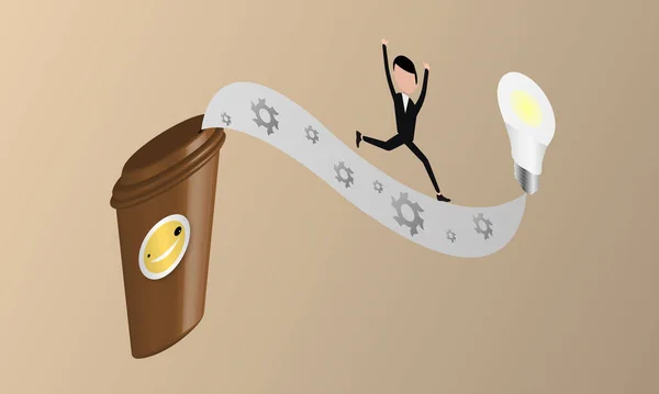 Cute Cartoon Cup Coffee Emoticon Man Running Light Bulb Concept — Stok Vektör