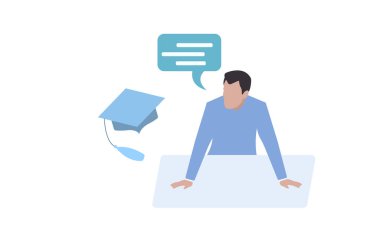 Masadaki genç adam, vektör çizimi, uzaktan eğitim rutin süreci konsepti 