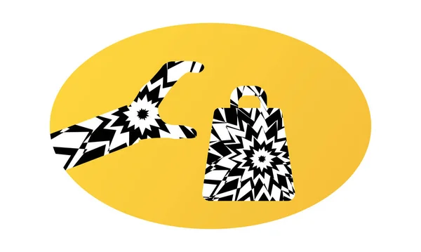 Ilustrace Ruky Sahající Tašce Abstraktními Žebrovanými Hypnotickými Vzory Stylu Pop — Stockový vektor