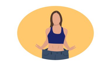 Diyet ve sağlıklı yaşam tarzı kavramı, kilo verme kavramı, büyük beden pantolon giyen kadın.