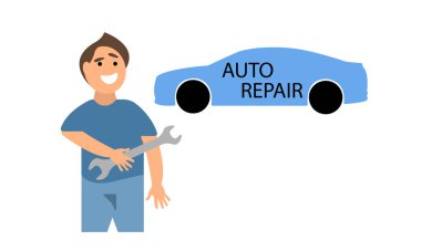 İngiliz anahtarı ve arabası olan adam, vektör çizimi, oto tamir konsepti.