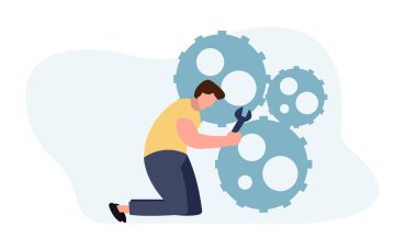 Dişlilerden oluşan bir mekanizmayı tamir eden İngiliz anahtarı olan bir adam.