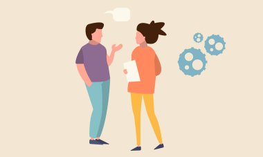 Erkek ve kadın iş hakkında konuşuyor.