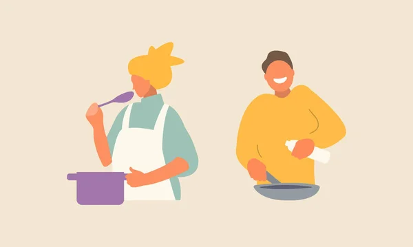 Pessoas Cozinhar Alimentos Personagens Desenhos Animados Estilo Minimalismo — Vetor de Stock