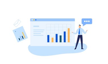 Erkek işletme koçu büyüme grafiğine işaret eden bir konferans veriyor