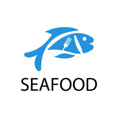 Balık logosu, çatal, bıçak, deniz ürünleri ve restoranlar.