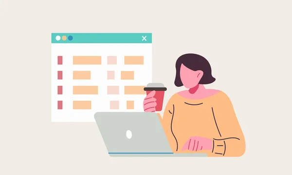 Elinde bir bardak kahve tutan ve laptopta çalışan bir kadın.