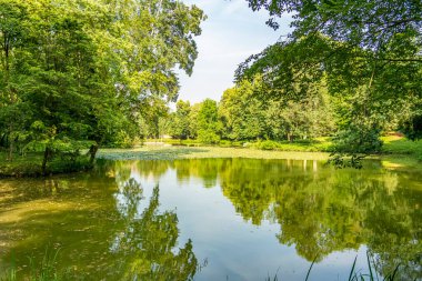 Villa Revedin Bolasco Gölü manzarası. 8 Haziran 2019 Castelfranco Veneto, Treviso - İtalya
