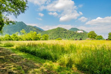 Dağ ve mavi gökyüzü olan güzel bir manzara.