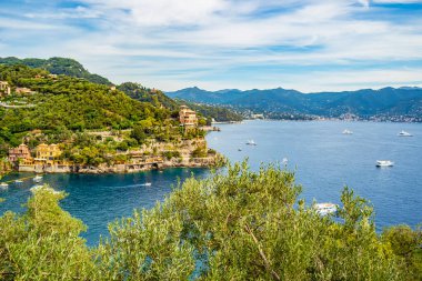 Portofino köyünün manzarası. Ağustos 2019 Portofino, Liguria - İtalya