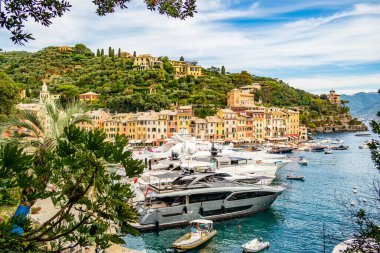 Portofino köyünün manzarası. Ağustos 2019 Portofino, Liguria - İtalya